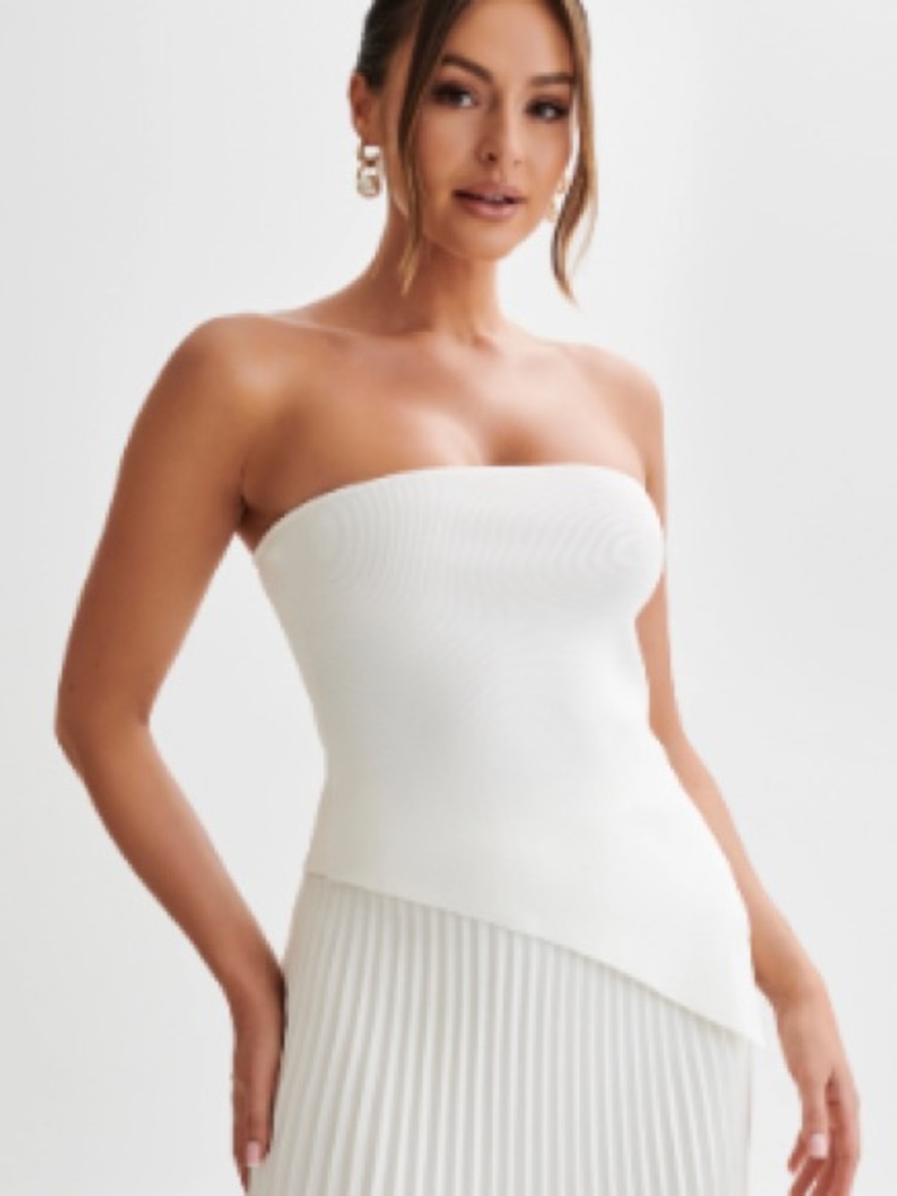 MESHKI - Asymmetrical Strapless Knit Top in White